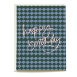 Scallops birthday card featuring a blue scallop pattern with pink cursive text saying "happy birthday.
