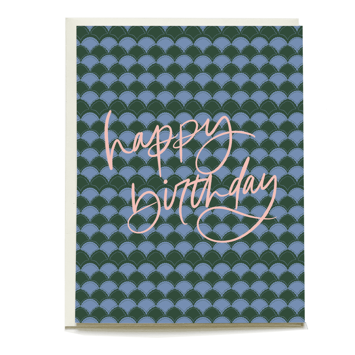 Scallops birthday card featuring a blue scallop pattern with pink cursive text saying "happy birthday.