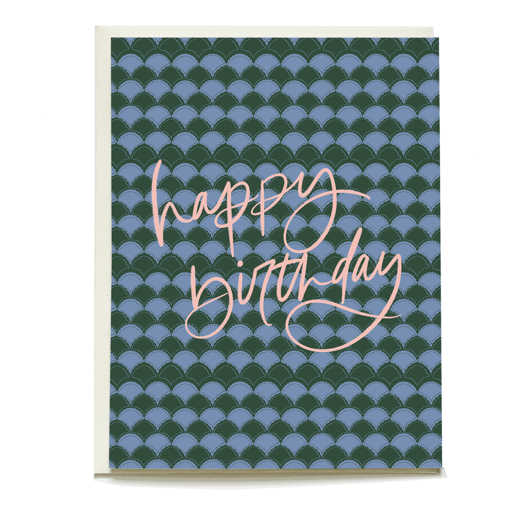 Scallops birthday card featuring a blue scallop pattern with pink cursive text saying "happy birthday.