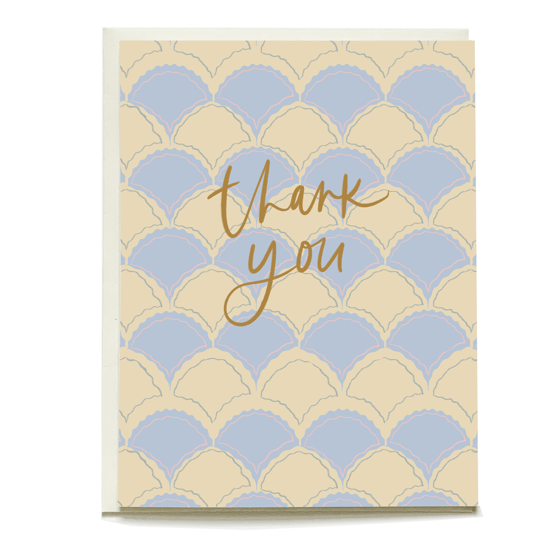 Scalloped pattern thank you card in pastel blue and cream with gold cursive text saying "thank you.