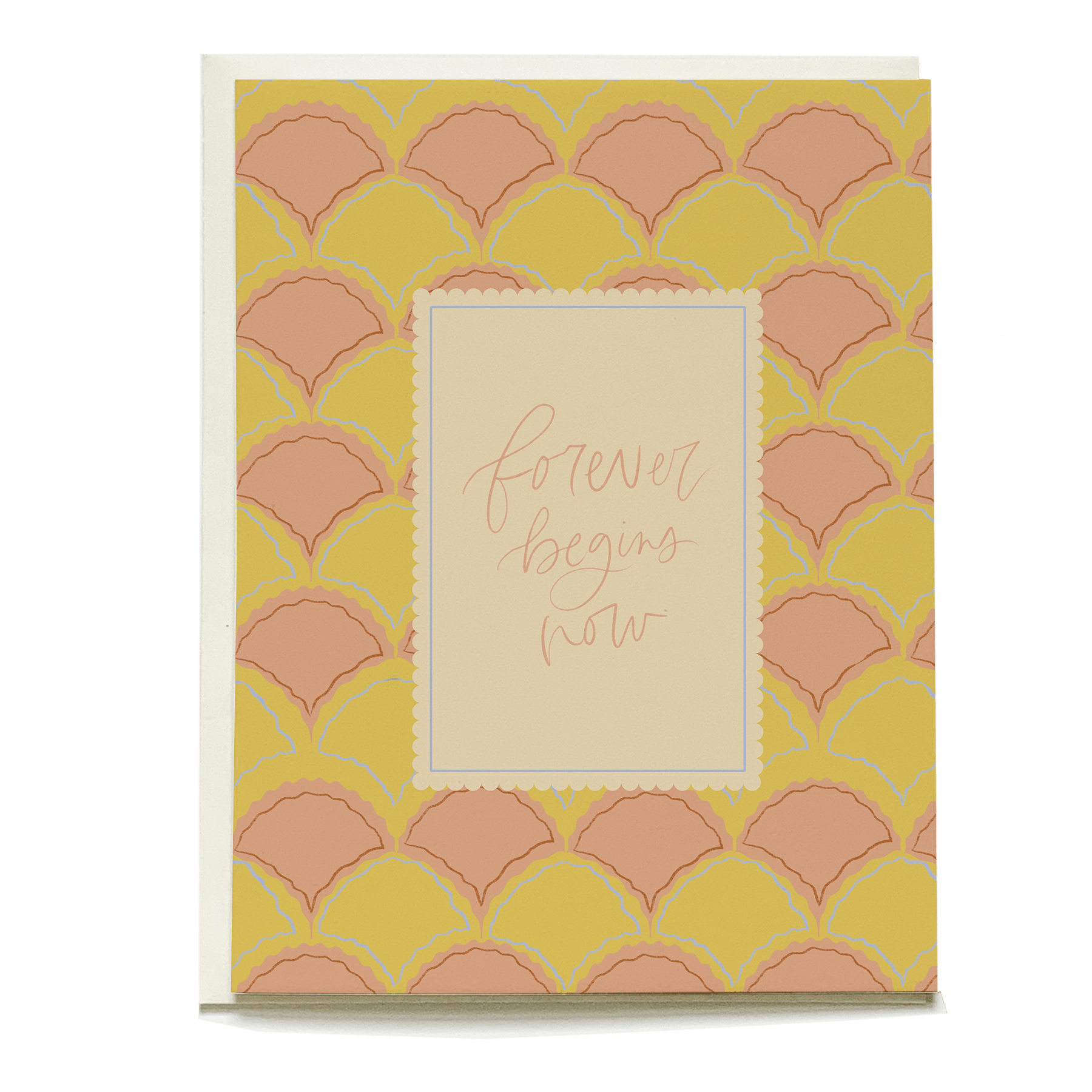 Scallops wedding card featuring a yellow and pink scallop pattern with the text "forever begins now" in the center.