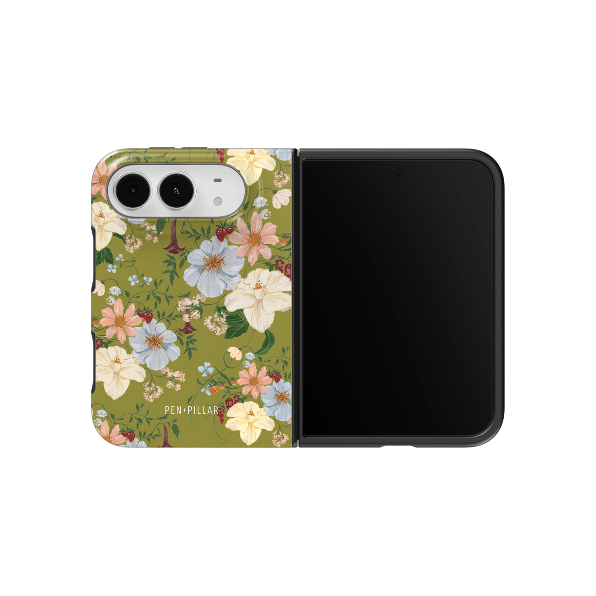 Scarlett iPhone 18 Duo case on an unfolded iPhone 18 Duo, back and screen side by side: blue, pink and cream blooms on olive green