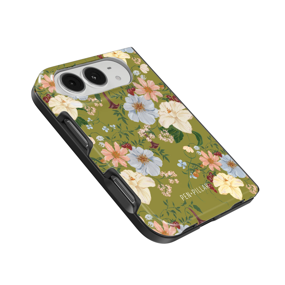 Scarlett iPhone 18 Duo case, angled view showing the camera surround and side buttons