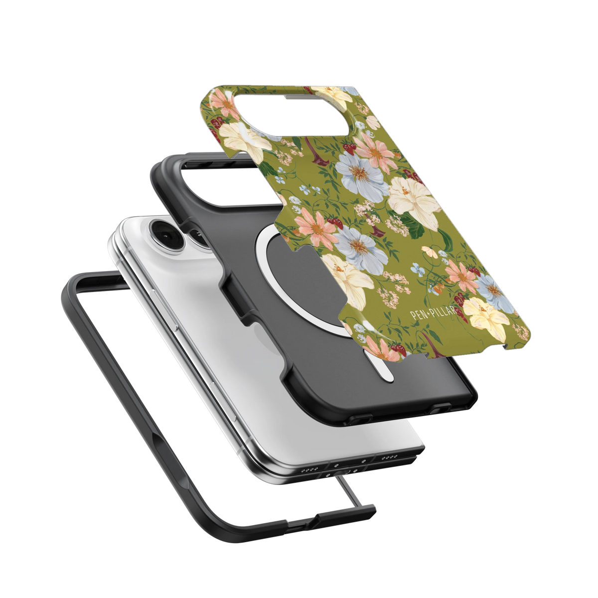 Scarlett iPhone 18 Duo case, exploded view of the printed shell, black inner layer with MagSafe ring, and phone