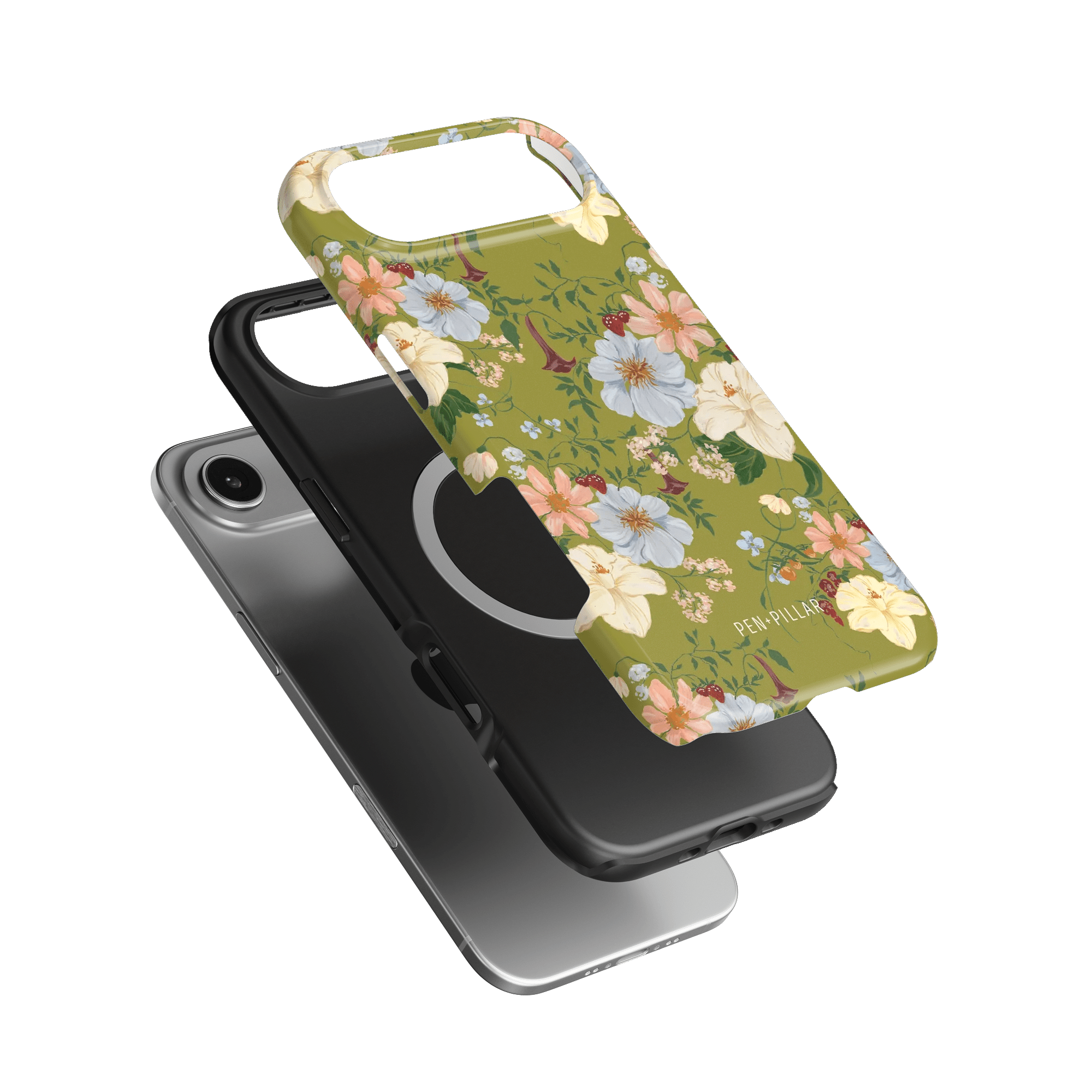 Scarlett iPhone case featuring a floral design with green background and black protective layer.