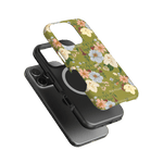 Scarlett iPhone case featuring a floral design with green background and black protective case underneath.