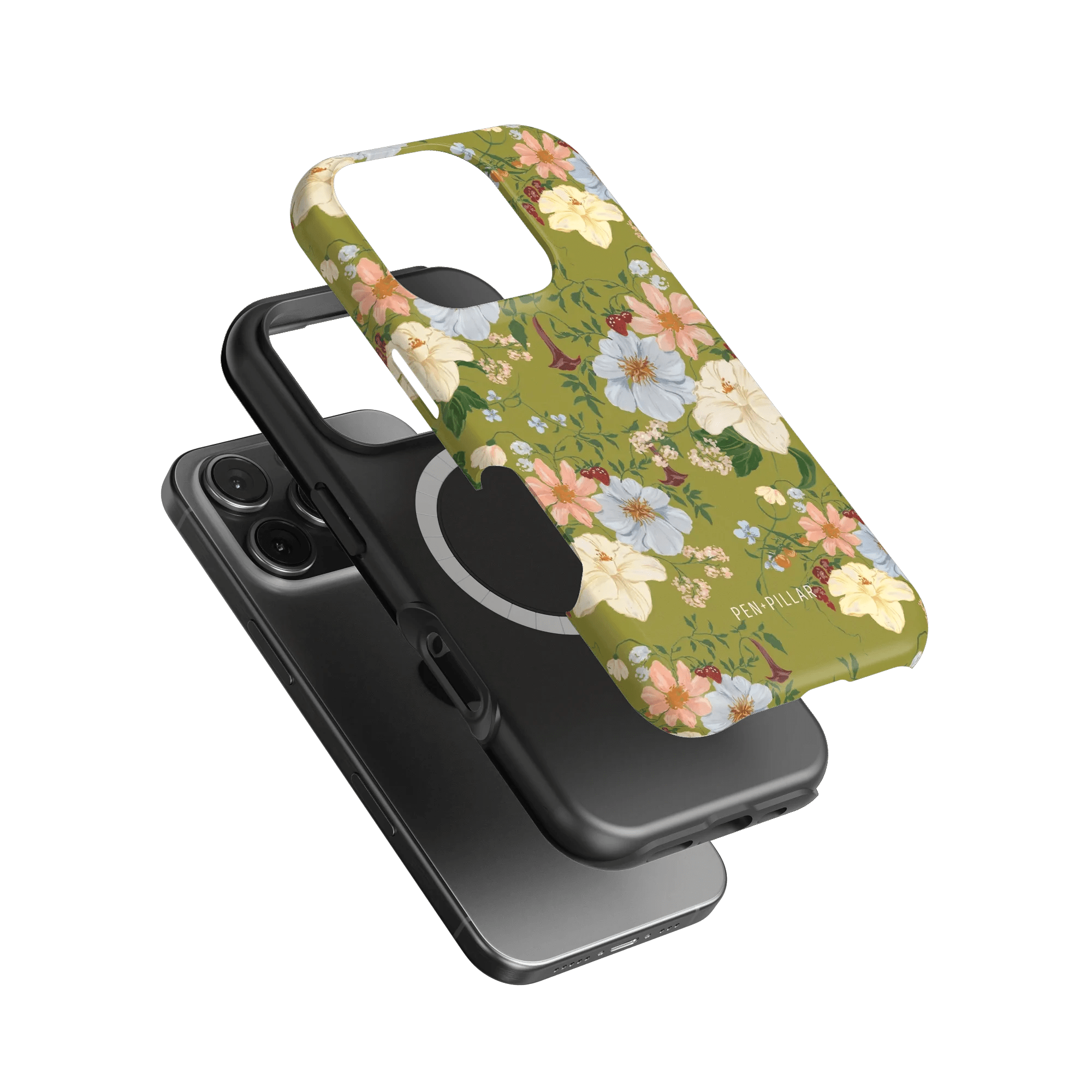Scarlett iPhone case featuring a floral design with green background and black protective case underneath.