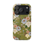 Scarlett iPhone case featuring a floral design with green background and various colorful flowers.