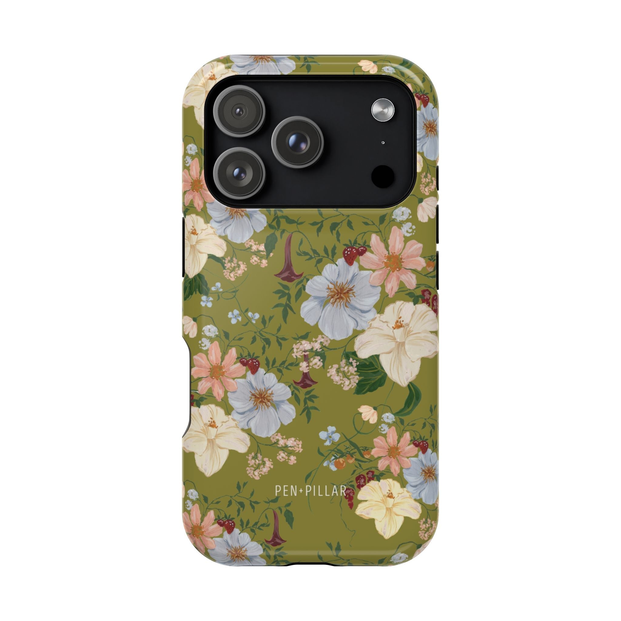 Scarlett iPhone case featuring a floral design with green background and various colorful flowers.