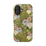 Scarlett iPhone case featuring a floral design with pink, blue, and yellow flowers on a green background.