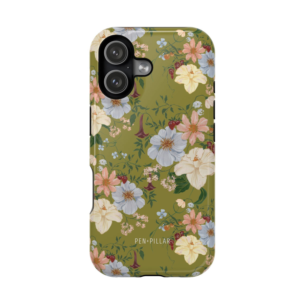 Scarlett iPhone case featuring a floral design with pink, blue, and yellow flowers on a green background.
