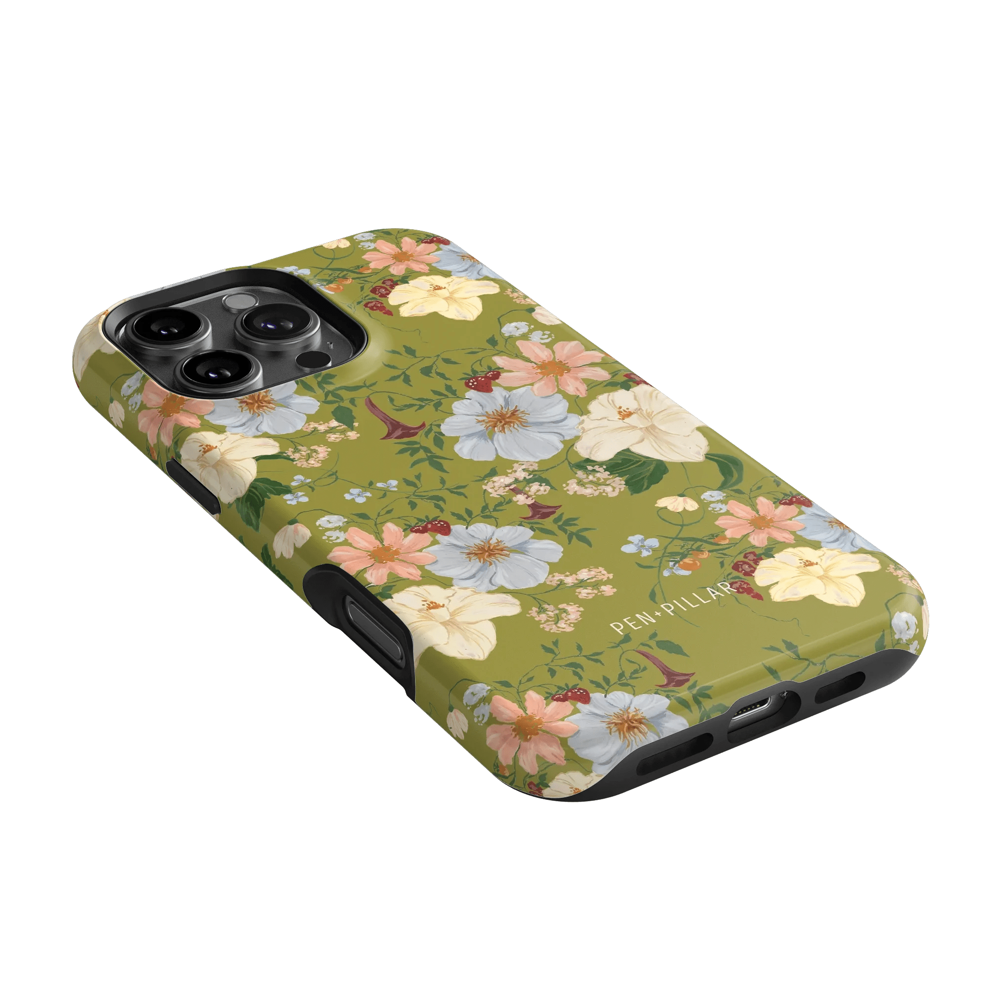 Scarlett iPhone case featuring a floral design with white and pink flowers on a green background.