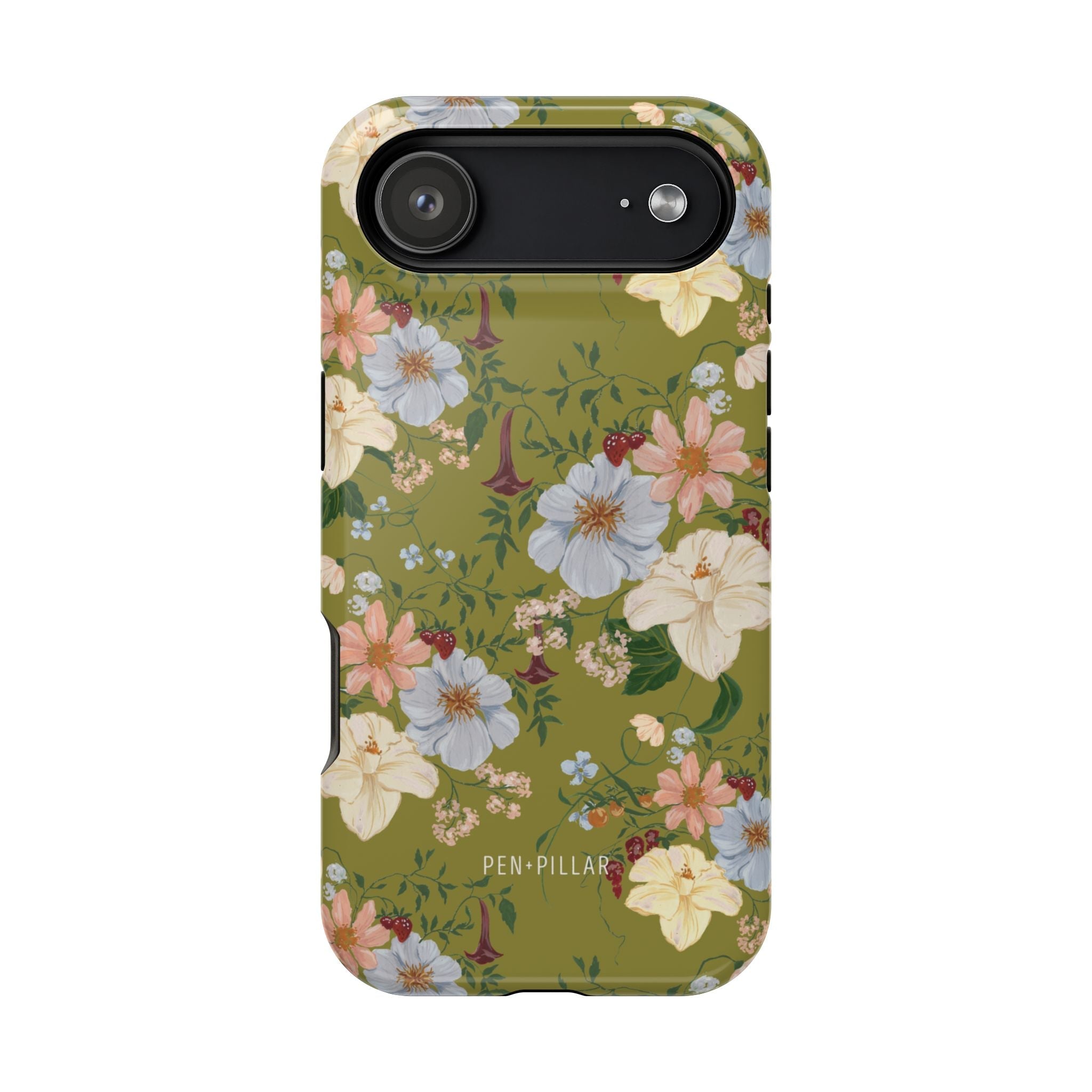 Scarlett iPhone case featuring a floral design with green background and various colorful flowers.