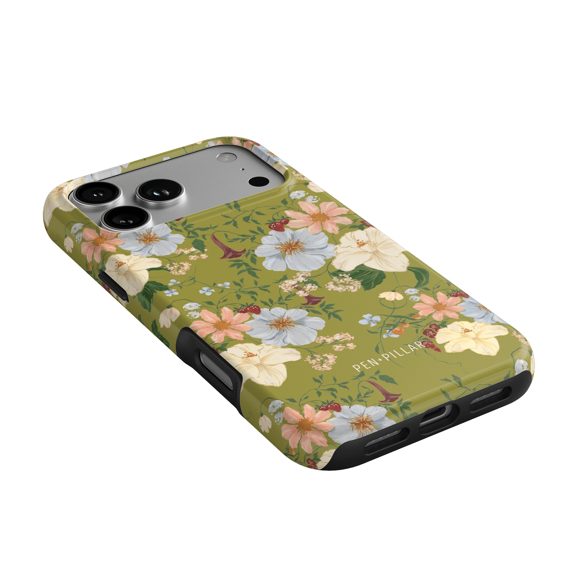 Scarlett iPhone case featuring a floral design with pastel flowers on an olive green background.