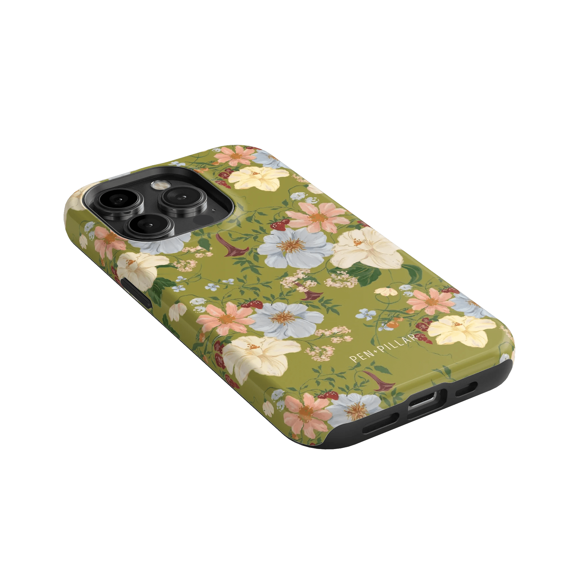 Scarlett iPhone case featuring a floral design with green background and black edges, angled view showcasing camera cutout.