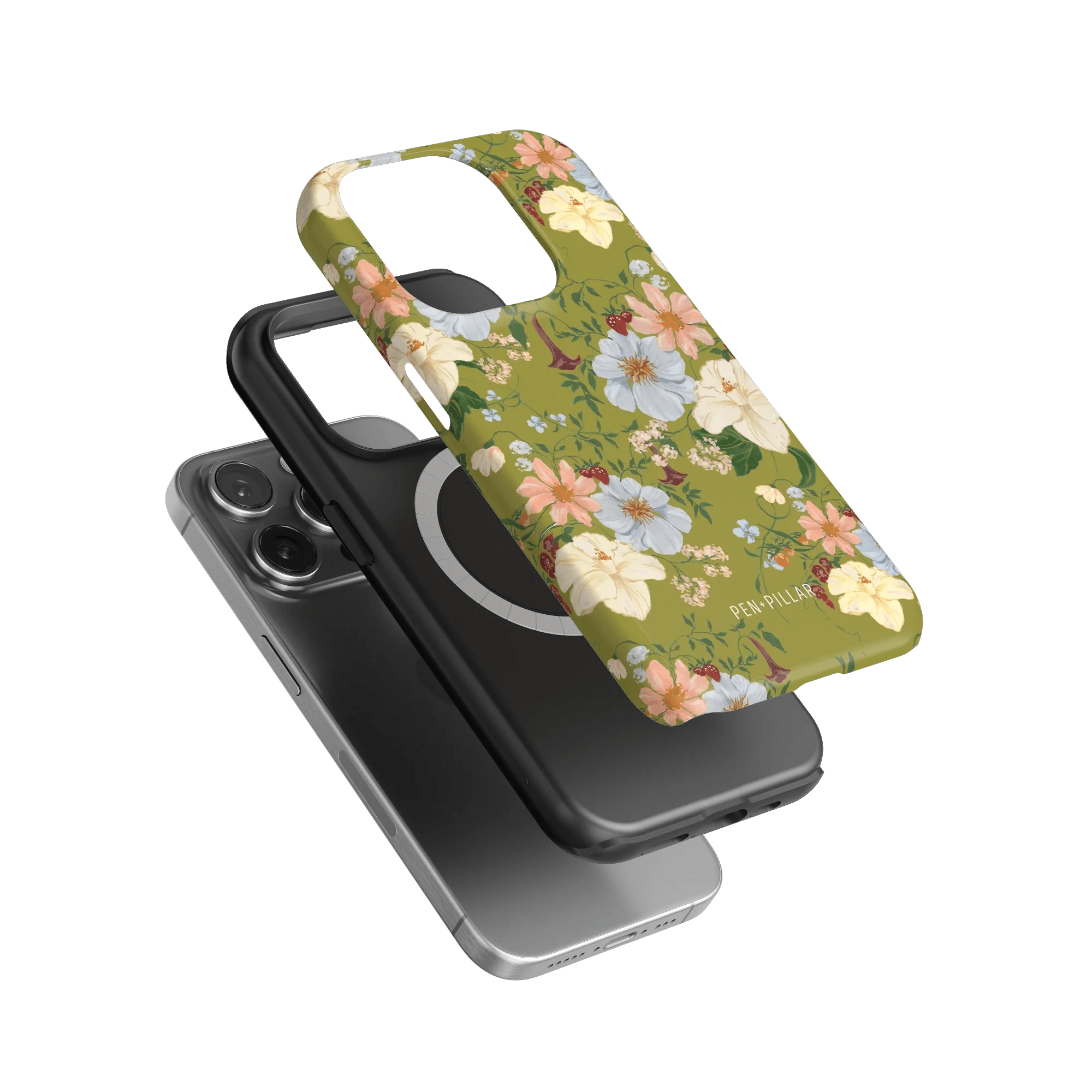 Scarlett iPhone case featuring a floral design with green background and black protective case underneath.