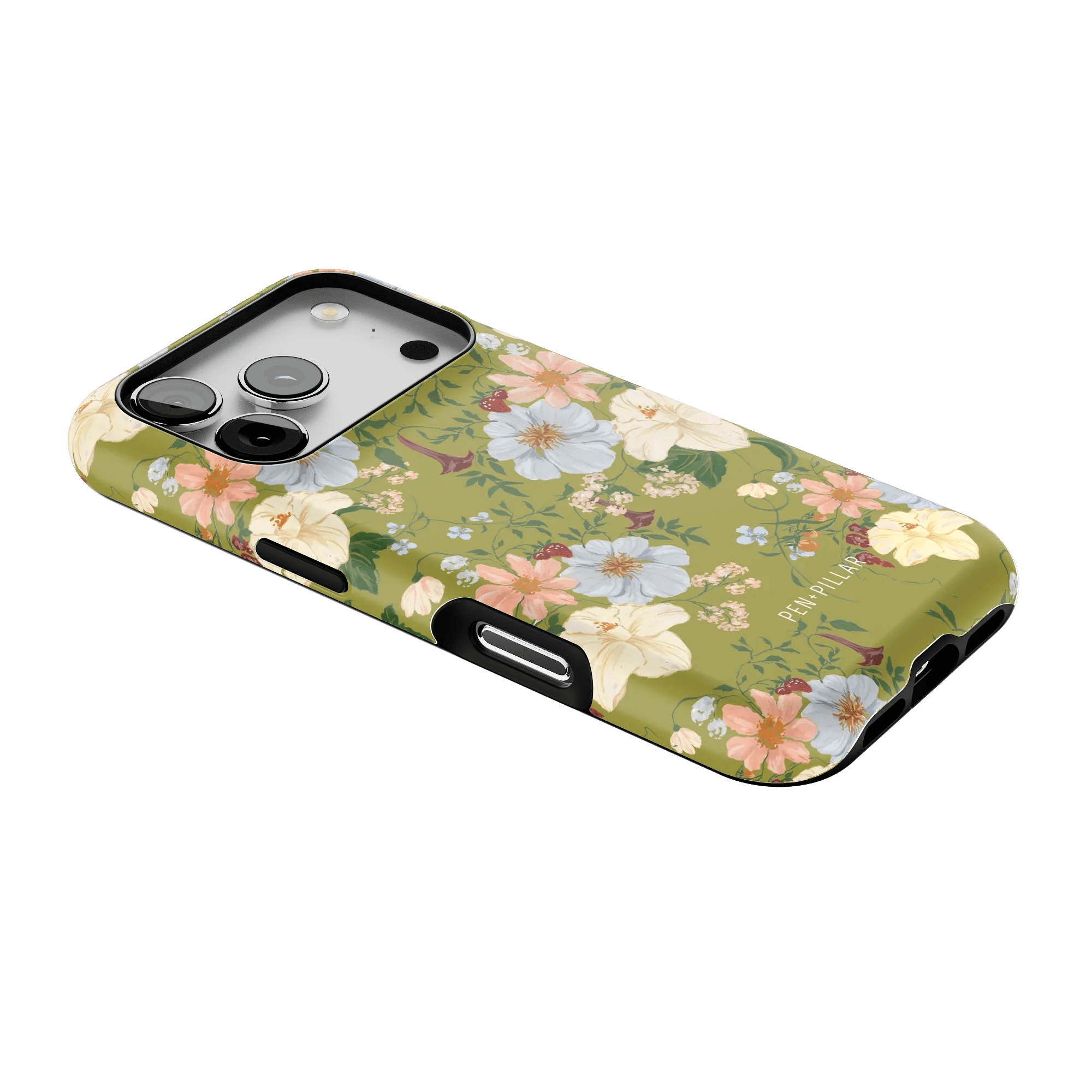 Scarlett iPhone case featuring a floral design with pastel flowers on a green background, angled to show the side.
