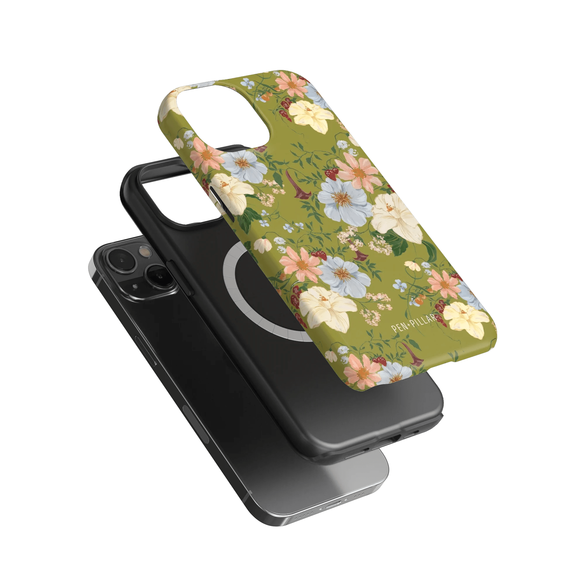 Scarlett iPhone case featuring a floral design with colorful flowers on a green background, layered over a black phone.