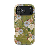 Scarlett iPhone case featuring a floral design with pastel flowers on an olive green background.