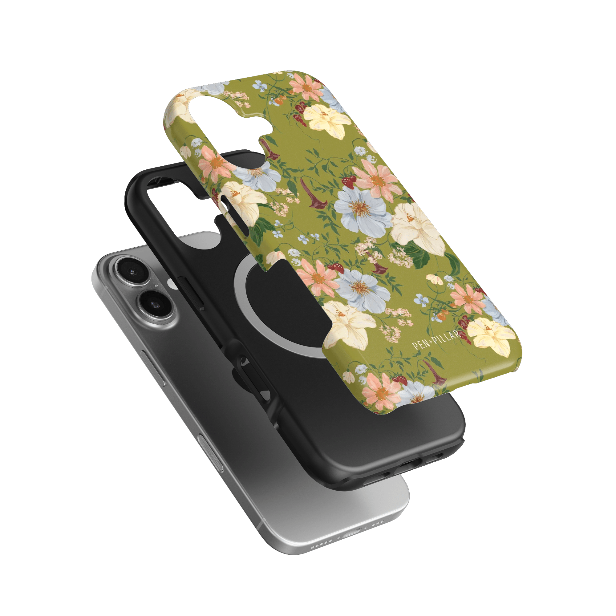 Scarlett iPhone case featuring a floral design with green background, layered over a black phone case.