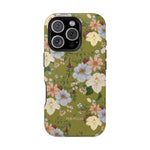 Scarlett iPhone case featuring a floral design with green background and various colorful flowers.