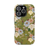 Scarlett iPhone case featuring a floral design with green background and various colorful flowers.