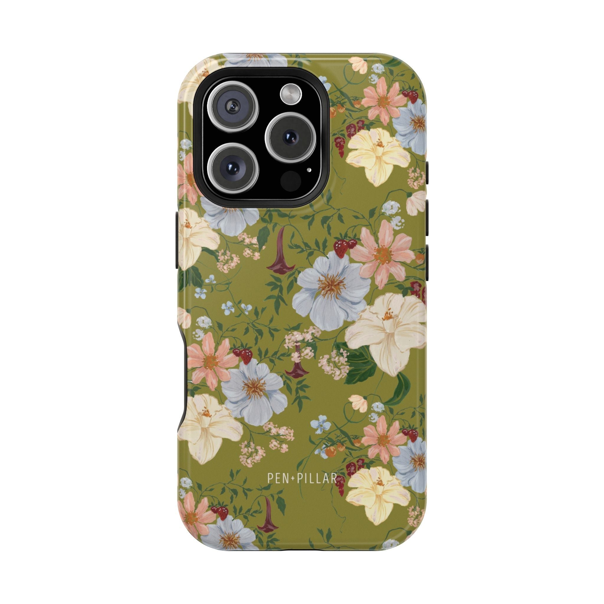 Scarlett iPhone case featuring a floral design with green background and various colorful flowers.