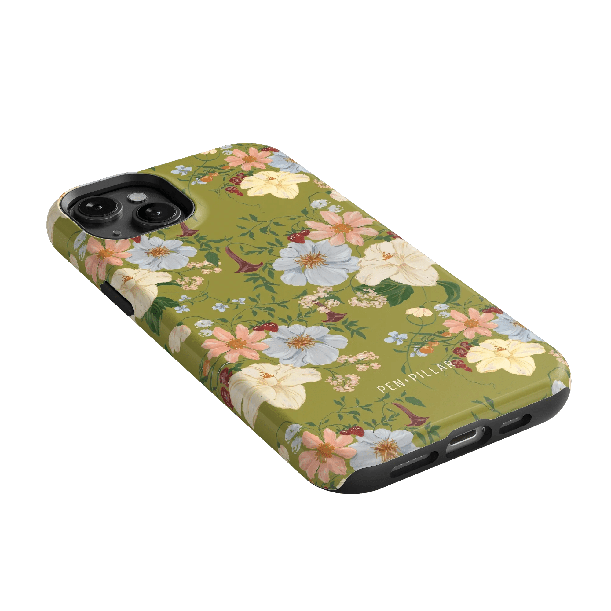 Scarlett iPhone case featuring a floral design with pastel flowers on a green background, angled to show the side.