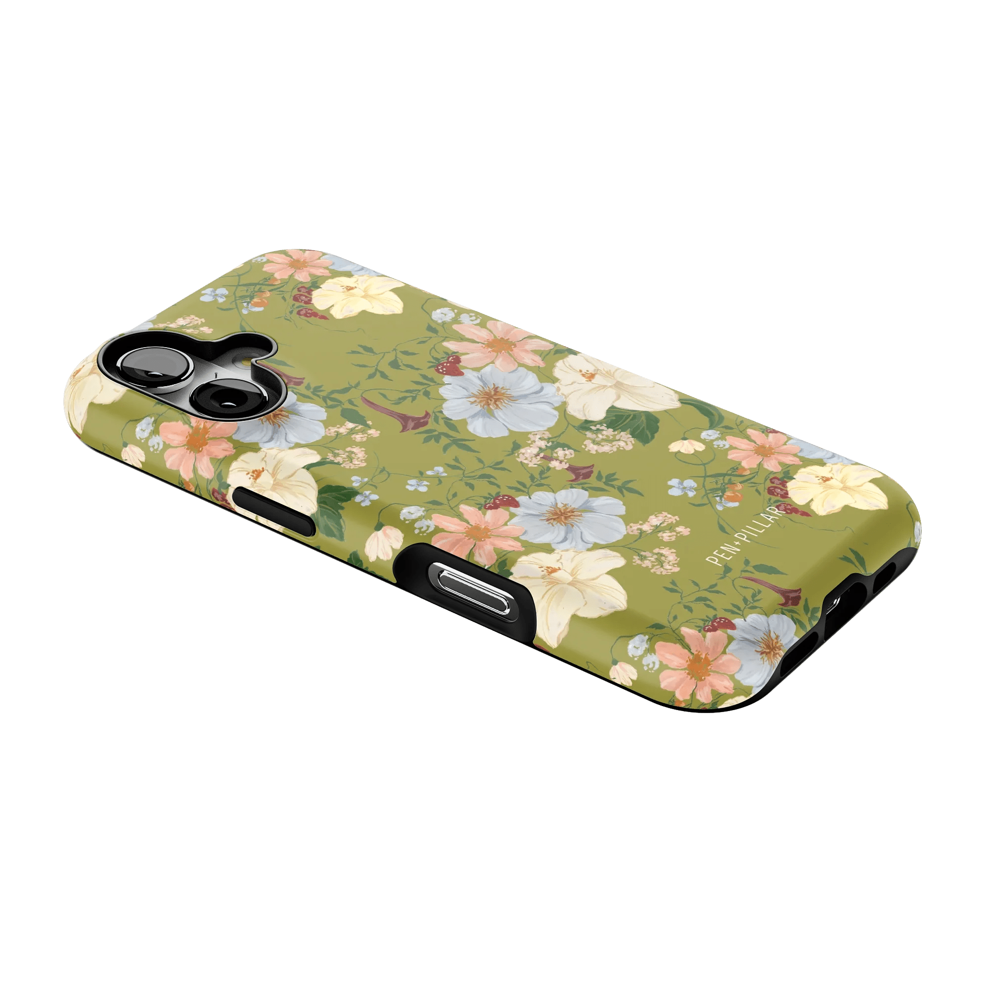 Scarlett iPhone case featuring a floral design with pastel flowers on a green background, angled view.
