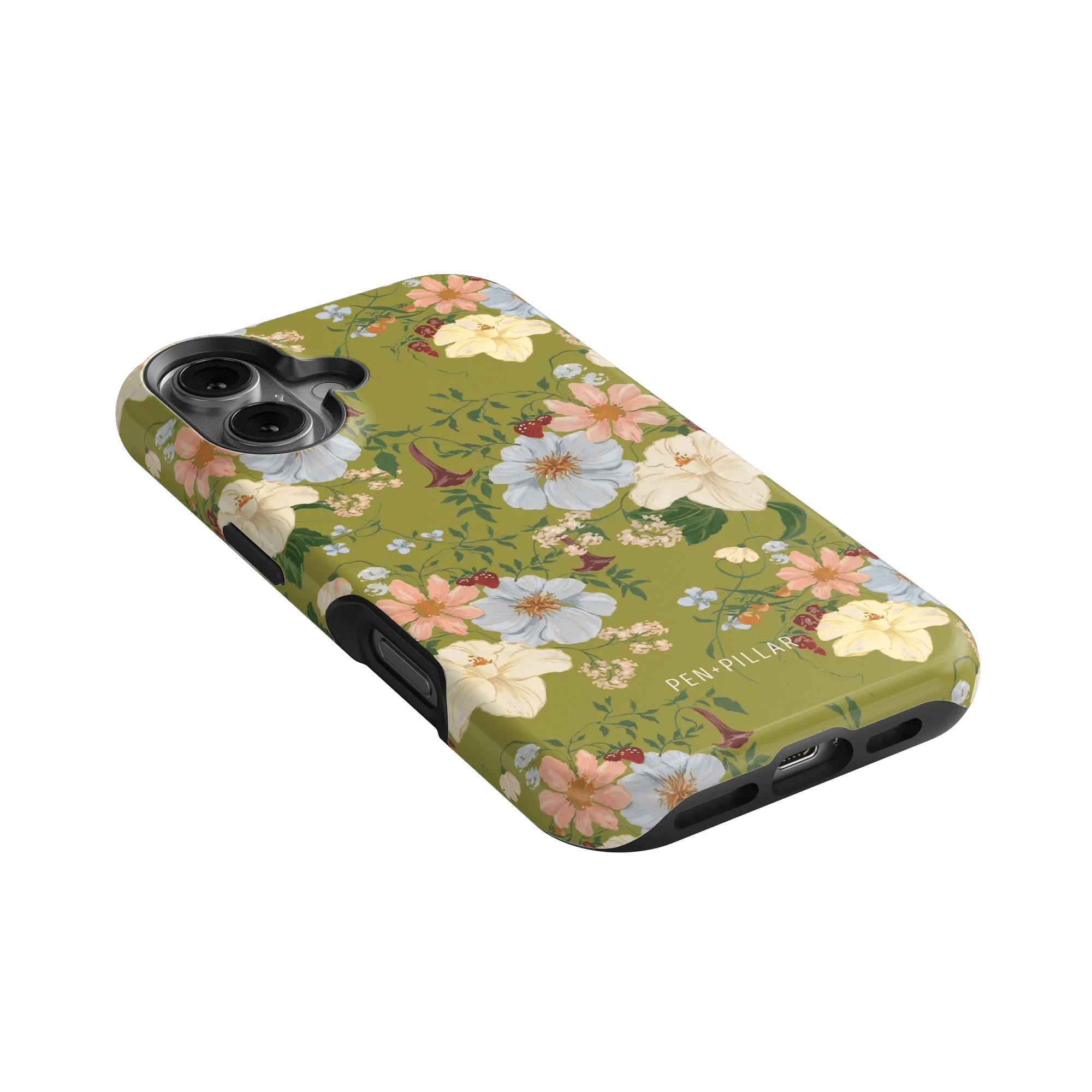 Scarlett iPhone case featuring a floral design with pastel flowers on a green background, angled view showing camera cutout.