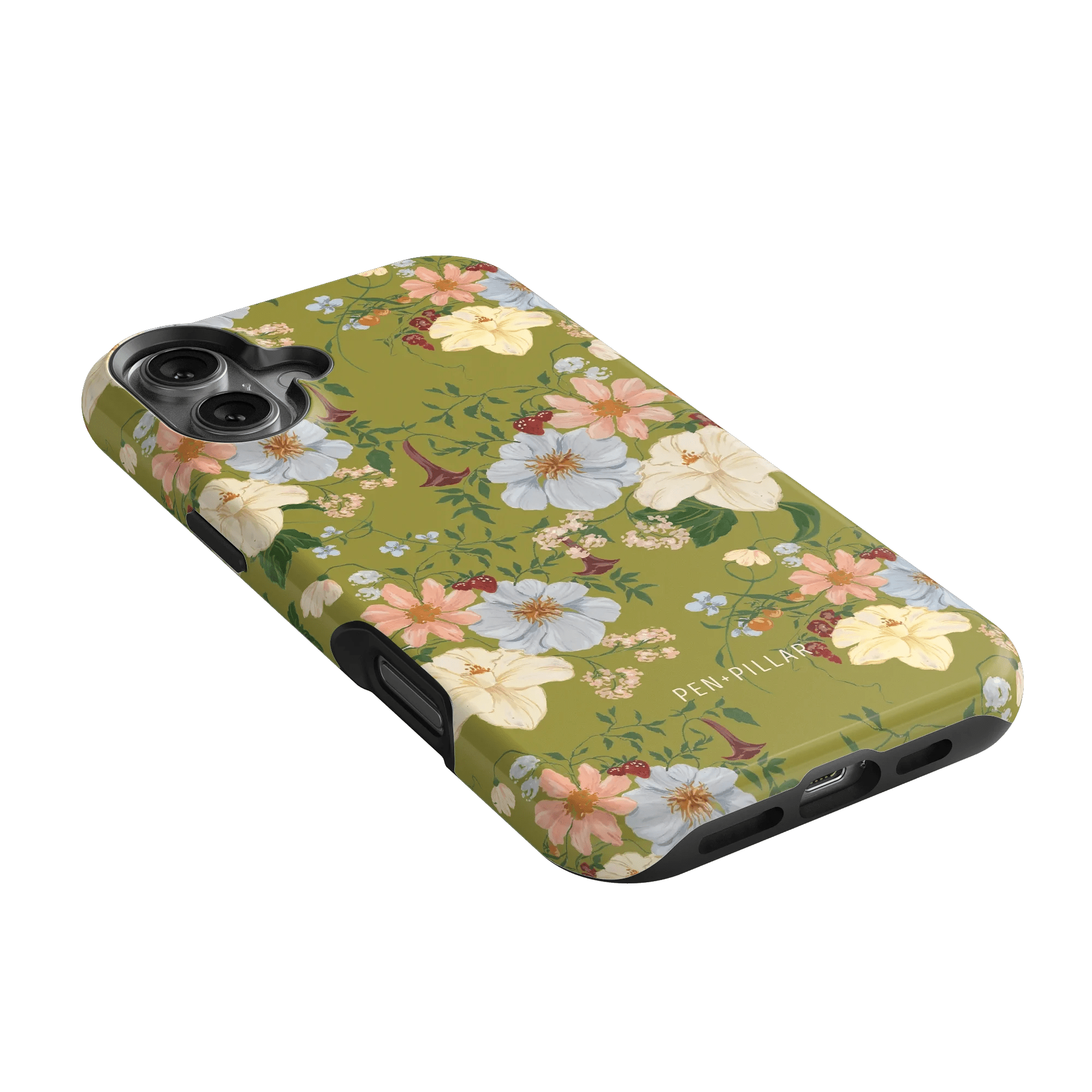 Scarlett iPhone case featuring a floral design with pastel flowers on a green background.