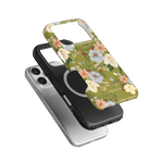 Scarlett iPhone case featuring a floral design on a green background, stacked with black and clear cases.