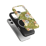 Scarlett iPhone case featuring a floral design on a green background, stacked with black and clear cases.