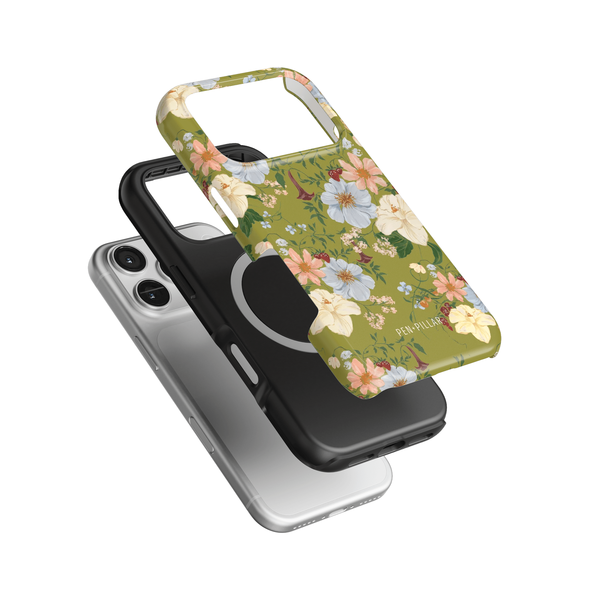 Scarlett iPhone case featuring a floral design on a green background, stacked with black and clear cases.