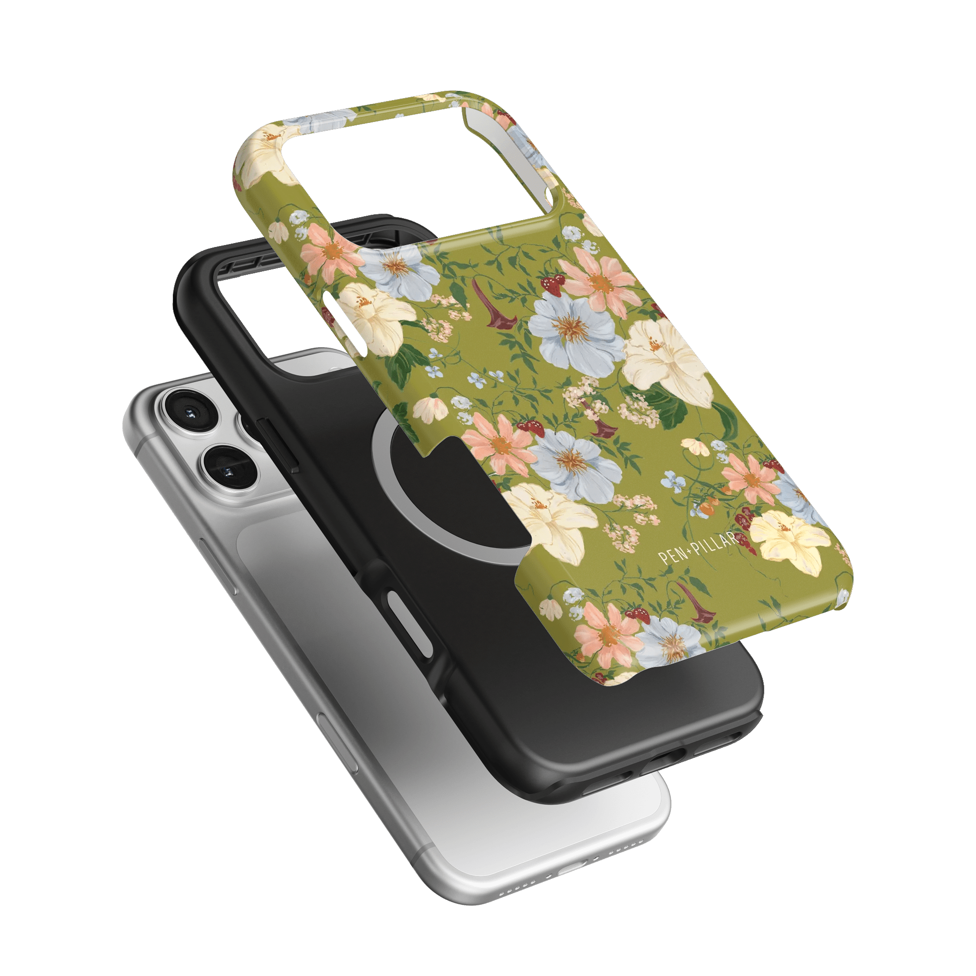Scarlett iPhone case featuring a floral design with green background and black inner case, shown at an angle.