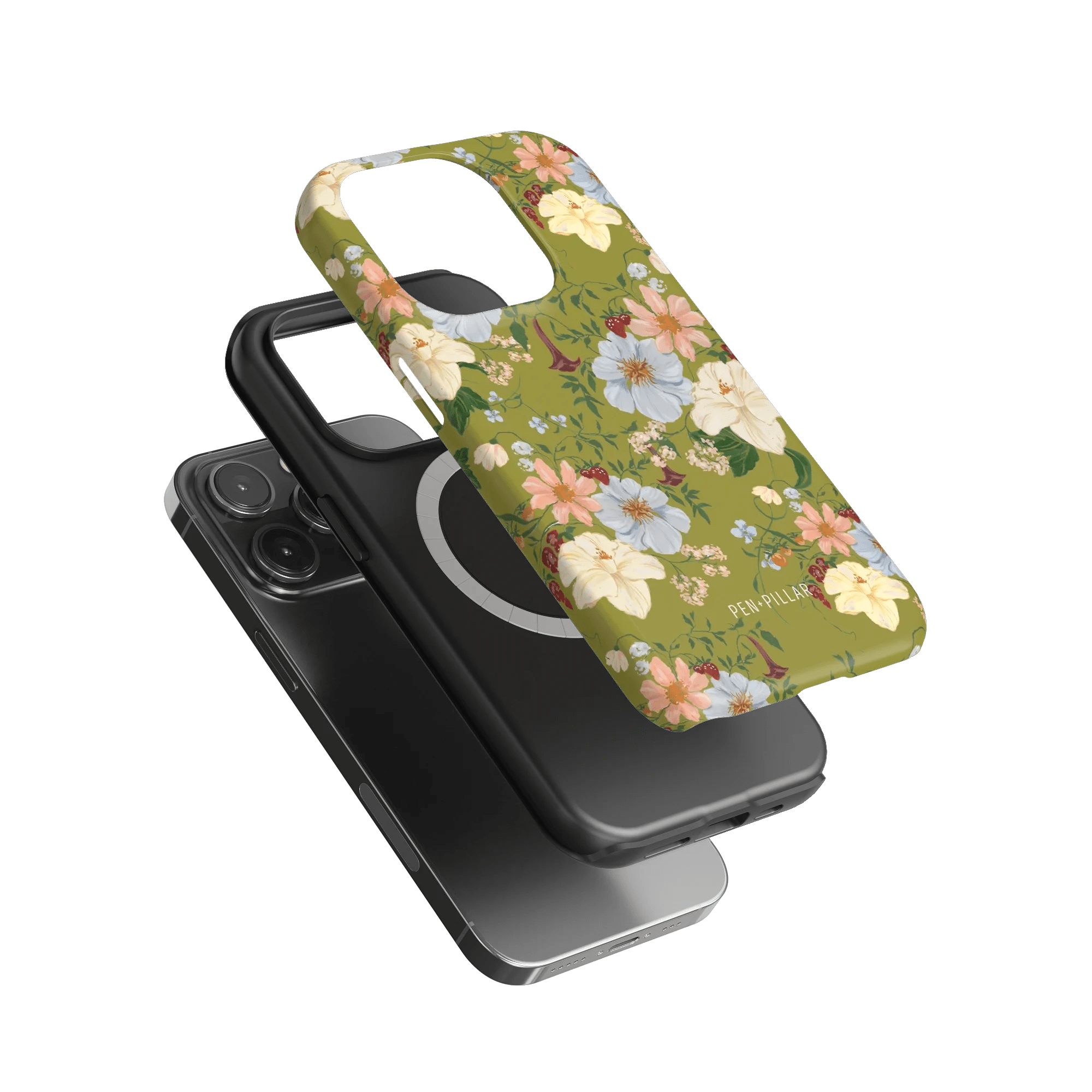 Scarlett iPhone case featuring a floral design in green, with a black phone case underneath.