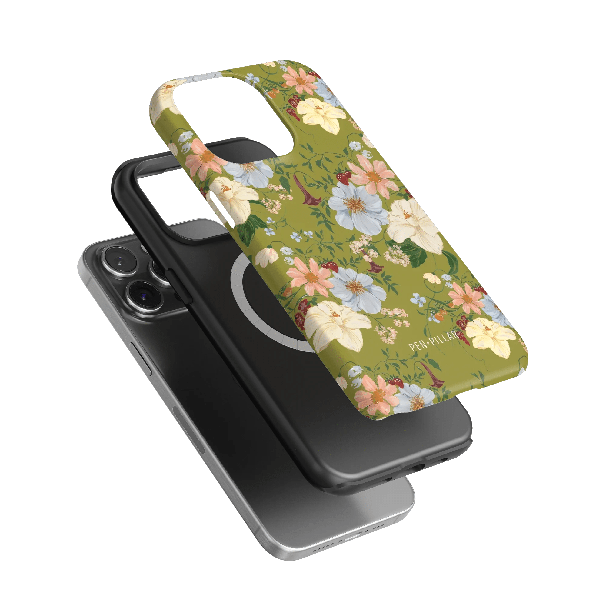 Scarlett iPhone case featuring a floral design with green background and black slim case underneath.