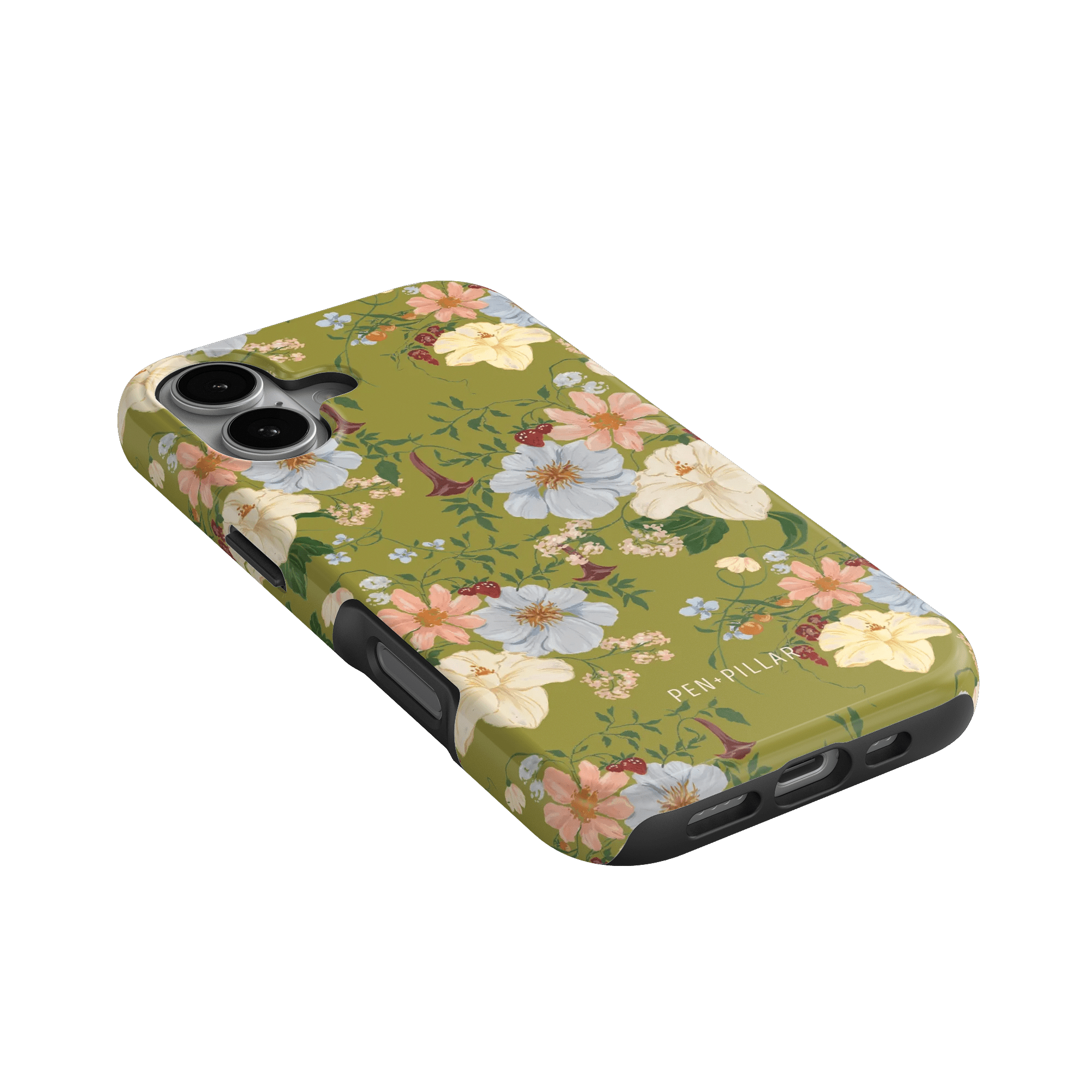 Scarlett iPhone case featuring a floral design with yellow, pink, and white flowers on a green background.