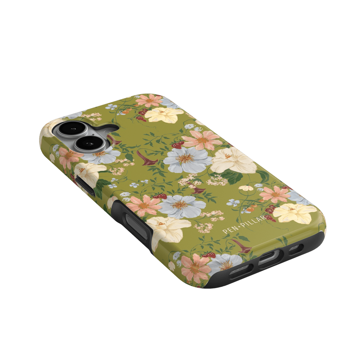Scarlett iPhone case featuring a floral design with yellow, pink, and white flowers on a green background.