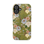 Scarlett iPhone case featuring a floral design with green background and various colorful flowers.