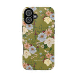 Scarlett iPhone case featuring a floral design with green background and various colorful flowers.
