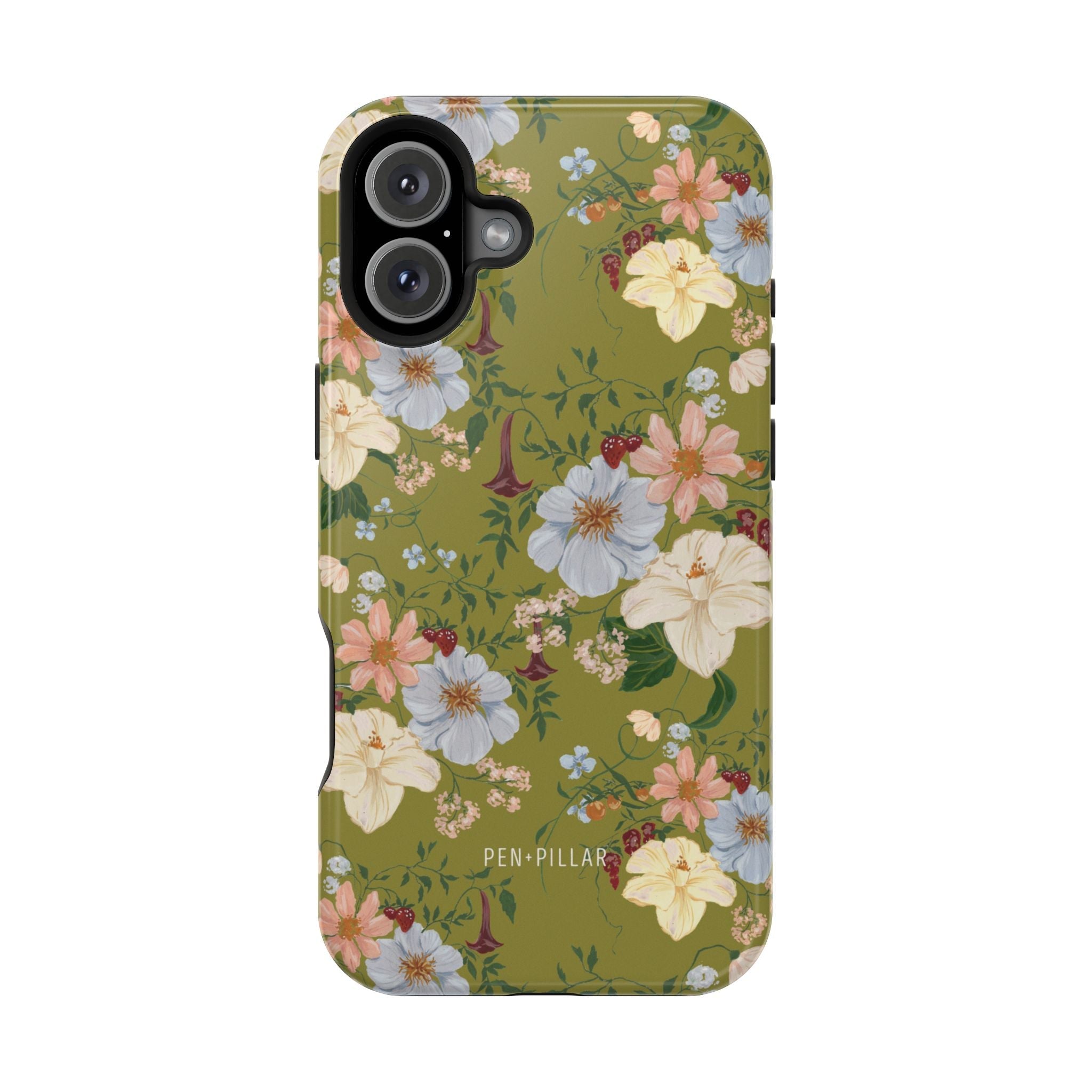 Scarlett iPhone case featuring a floral design with green background and various colorful flowers.