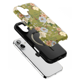 Scarlett iPhone case featuring a floral design with green background and black protective shell.
