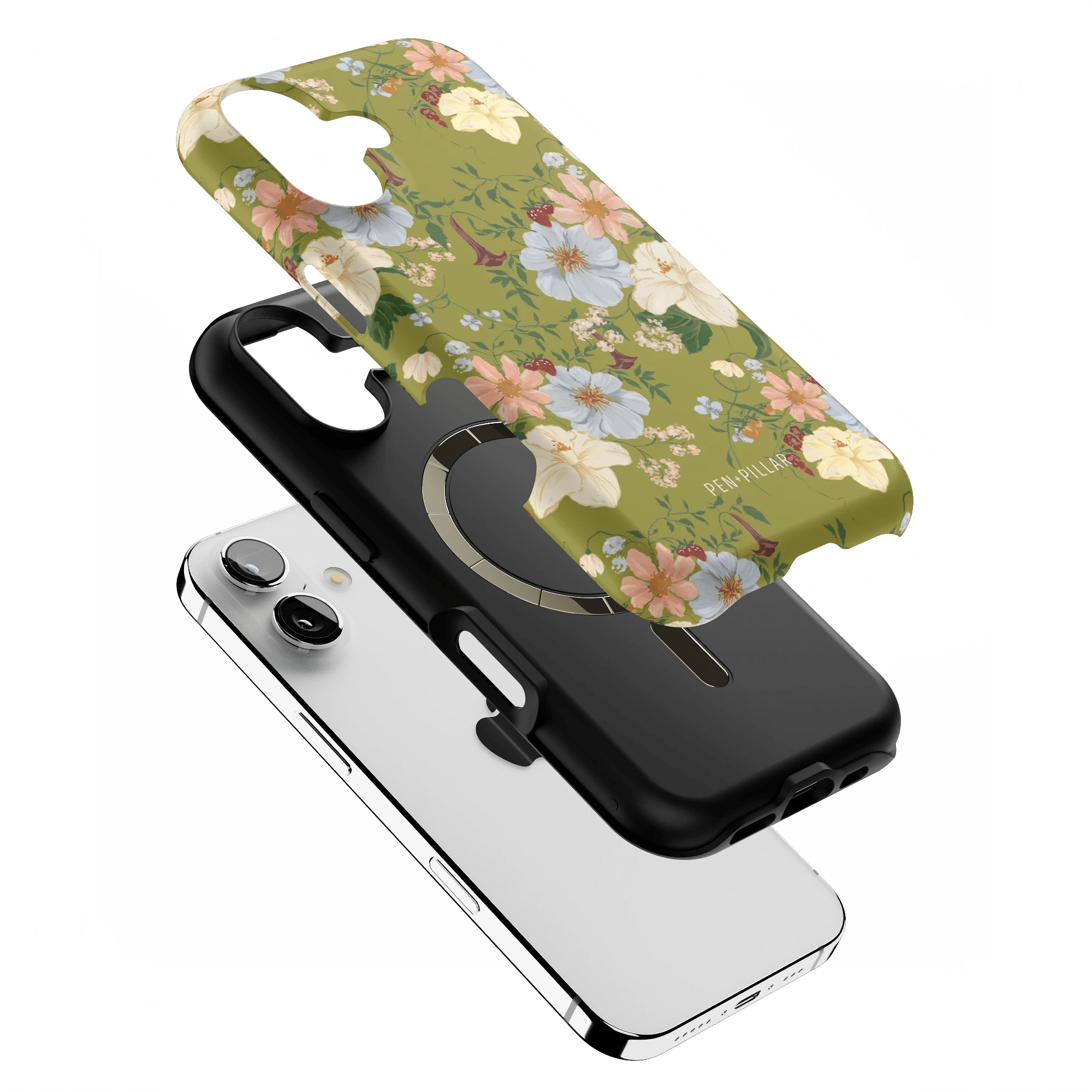 Scarlett iPhone case featuring a floral design with green background and black protective shell.