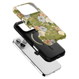 Scarlett iPhone case featuring a floral design in green, with a black base and cutouts for camera and buttons.