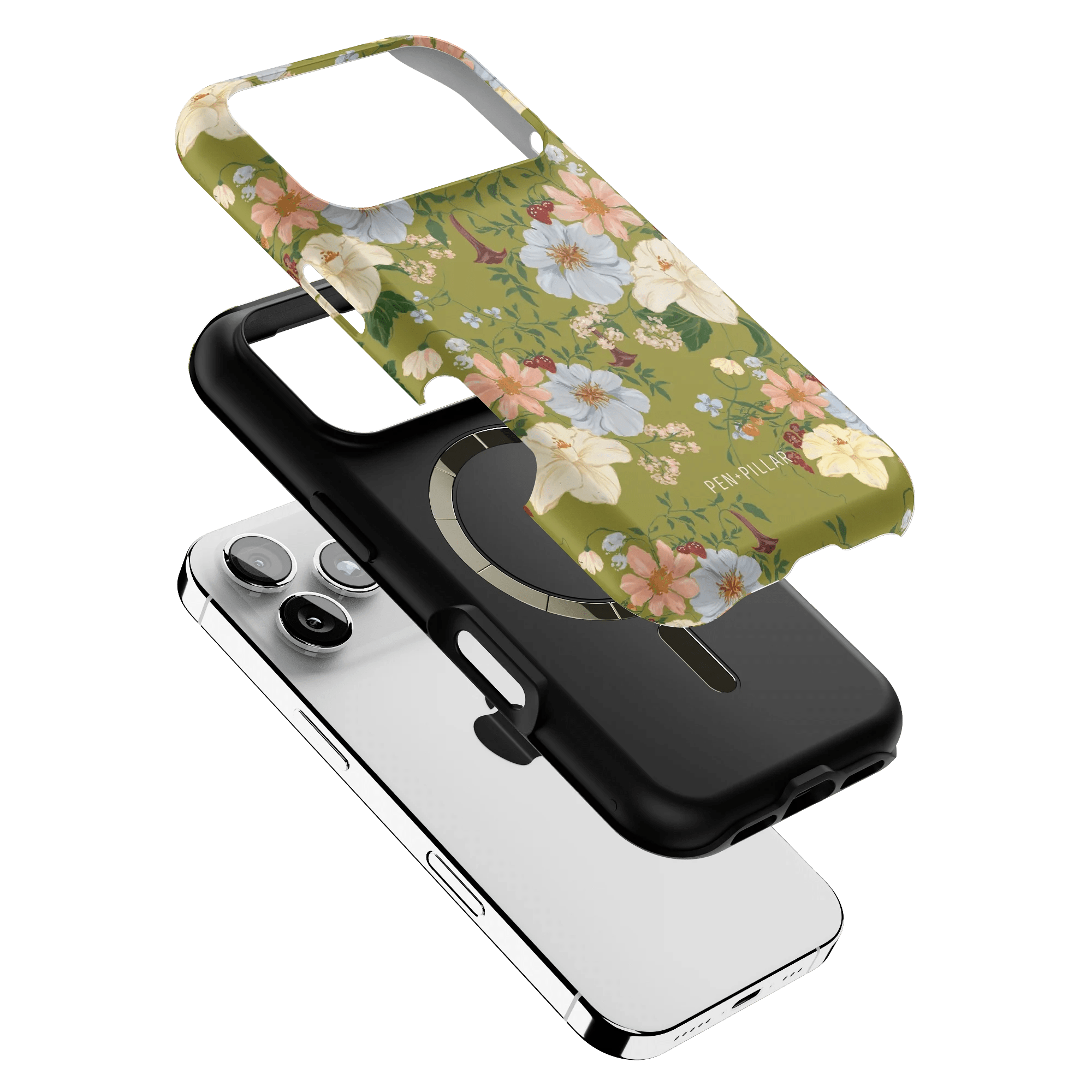 Scarlett iPhone case featuring a floral design in green, with a black base and cutouts for camera and buttons.