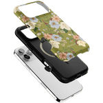 Scarlett iPhone case featuring a floral design with green background and black accents, shown from multiple angles.