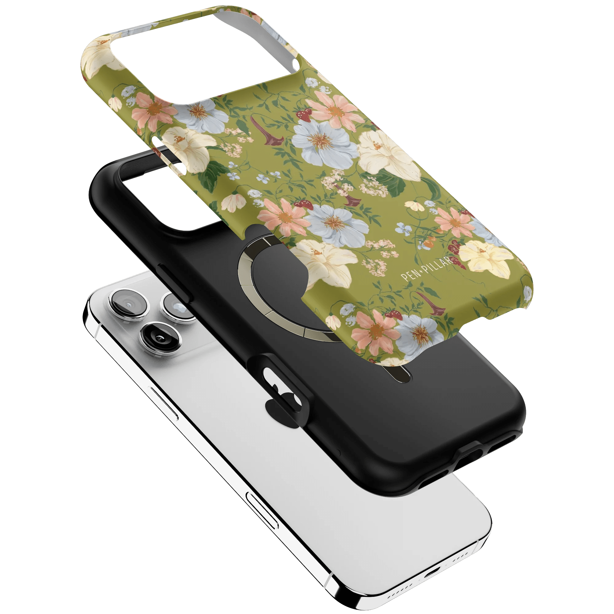 Scarlett iPhone case featuring a floral design with green background and black accents, shown from multiple angles.