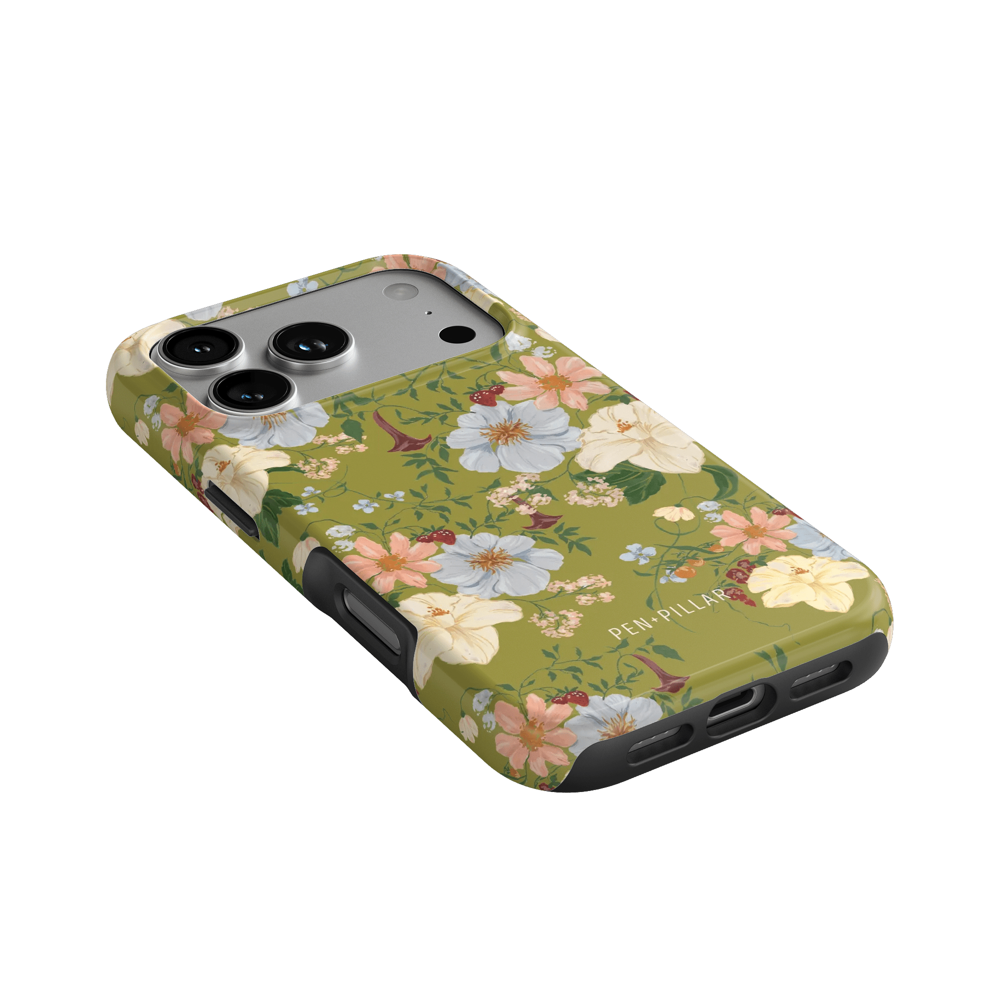 Scarlett iPhone case featuring a floral design with pink and white flowers on a green background.