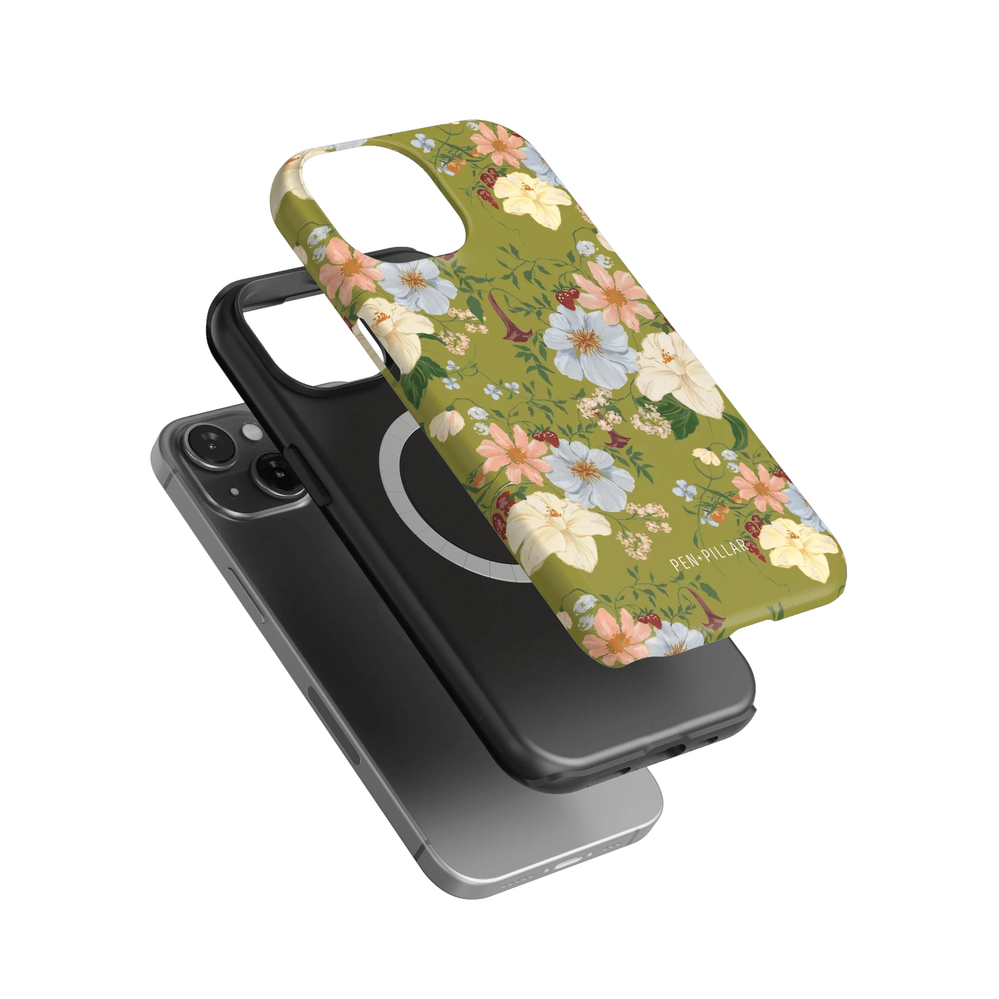 Scarlett iPhone case featuring a floral design with green background, shown alongside a black phone case.